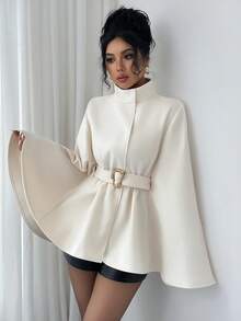 Elenzga Áo khoác ngoài thanh lịch cổ đứng màu trơn tay lửng cho nữ, mùa thu/đông - Màu be - Xem 6