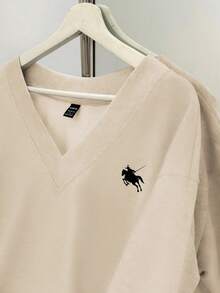 SHEIN EZwear Casual Minimalist Solid Color Khaki V-Neck Oversized Loose Sweatshirt With Horse Pattern, Suitable For Autumn/Winter,Fall