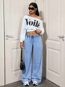 SHEIN Tall 女式低腰休闲百搭阔腿宽松梭织拉绒牛仔裤 - 淺色水洗藍 - 查看 5