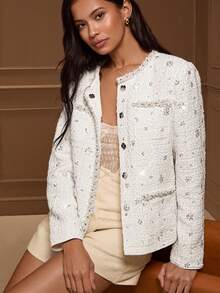 Lilora 女士优雅仿珍珠装饰闪亮设计通勤夹克粗花呢夹克女白色开衫女士冬季女装高端、精致、优雅 - 白色 - 查看 1