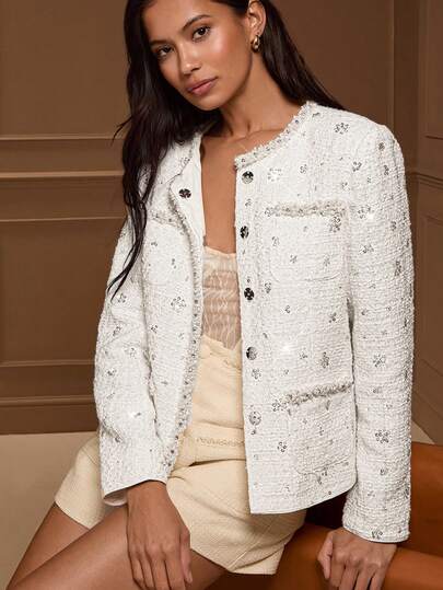 Lilora Women's Elegant Faux Pearl Decor Shiny Design Commuter Jacket Tweed Jacket Women White Cardigan Woman Winter Clothes For Women High-End, Refined And Elegant