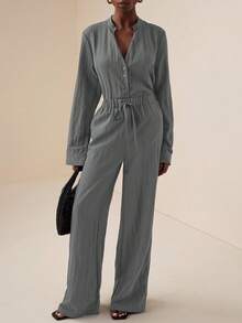 Vesra Casual Outfit - V-Neck Cinched Waist Blouse And Wide Leg Pants Blouse And Pants Set - Grey - View 5