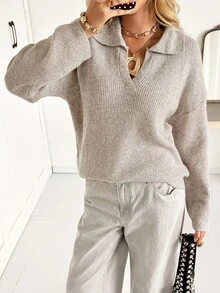 Siren Gaze 四分之一拉链落肩毛衣，女士春秋季休闲长袖超大卡其色落肩套头衫女式毛衣