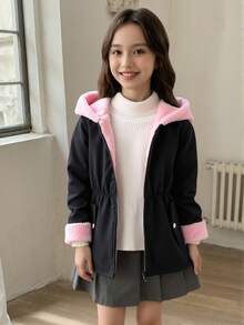 Elladie kids 女童黑色连帽拉链抓绒外套，百搭时尚女童外套，女童羊羔绒外套，黑色婴儿外套，女童冬季外套，抓绒外套，秋季款 - 粉色 - 查看 2