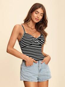 Coeurva Summer Beach Striped Twist Front Cami Corset Top - Black and White - View 3
