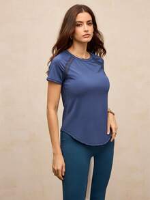 Activina Camiseta deportiva casual de unicolor, estilo minimalista adecuada para gimnasio de verano para mujeres - Azul Marino - Ver 3