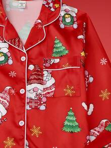 Teen Girl Christmas Tree & Snowflake Print Lapel NeckLong Sleeve Button-Up Top And Pants Pajama Set - Multicolor - View 6