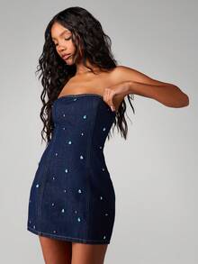 MISSGUIDED Gem Detail Strapless Bodycon Mini Dress - Sparkly Denim Bandeau Party Dress For Concerts Festivals Nights Out