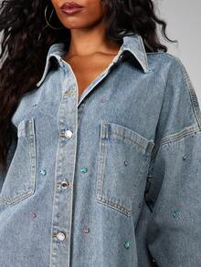 MISSGUIDED Oversized Denim Shirt Jacket With Colorful Gem Crystal Details Button Down Long Sleeve Vintage Washed - Medium Wash - View 5