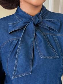 EMERY ROSE Plus Size Women's Knotted Collar Denim Long Sleeve Dress - Medium Wash - View 7