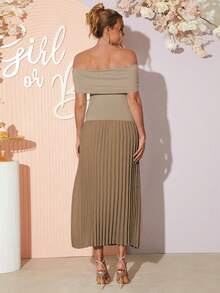 Loomaby 优雅简约露肩褶边孕妇装，夏季 - 卡其色 - 查看 2