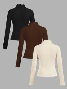 SHEIN EZwear 3 件套休闲纯色百搭分层高领长袖 T 恤，适合秋冬季 - 彩色 - 查看 2