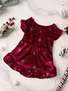 PETSIN 1pc Luxury Pet Velvet Snowflake & Star Print Dress, Christmas Outfit - Multicolor - View 3