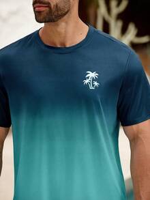 ResortEase 大码男式渐变植物印花短袖 T 恤和口袋休闲短裤两件套，度假舒适服装