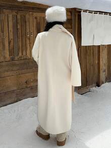 SHEIN EZwear 女士冬季双排扣长款大衣，带围巾设计，秋冬季奶油色大衣，舒适保暖 - 杏色 - 查看 2