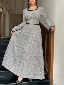 DAZY 优雅纹理条纹中长连衣裙，适合通勤，秋冬舞会礼服 - 灰色 - 查看 2