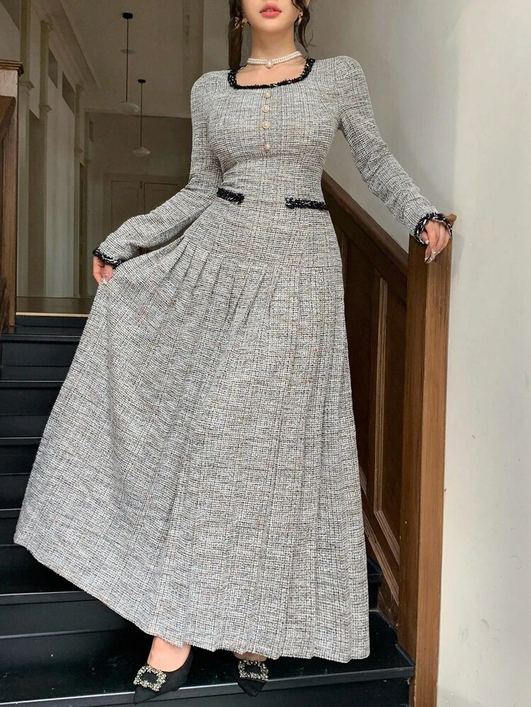 Elegant Textured Striped Midi Dress, Suitable For Commuting, Autumn/Winter Prom Dress