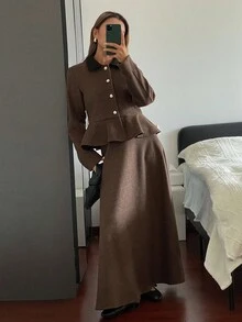 DAZY Elegante conjunto de 2 piezas: chaqueta holgada de negocios casuales en color marrón y falda de línea A, adecuado para la oficina y el transporte en otoño/invierno - Café integral - Ver 2