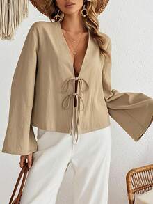 INAWLY 女式红色长袖系带衬衫，春季 - 卡其色 - 查看 4