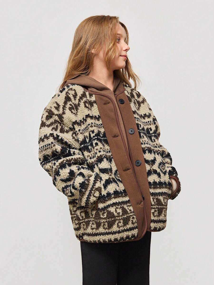 Abrigos casuales de manga larga con botones delanteros para niñas preadolescentes, otoño/invierno - Café integral - Ver 1