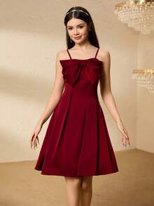 Teen Girl Bow Decor Pleated Design Elegant Camisole Dress - Burgundy - View 5