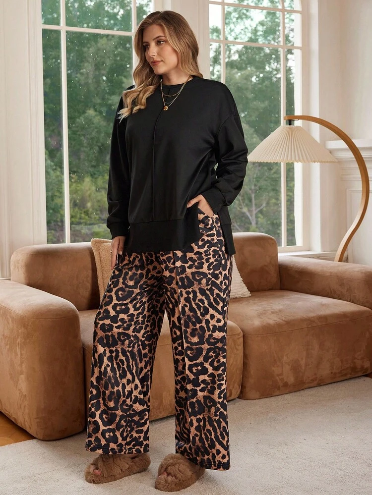 Plus Size Casual Solid Color Side Slit Hoodie & Leopard Print Pants 2 Pieces Set, Autumn Cozy Fall And Winter Clothes For Women New Year Look Maija Fall Winter 2025 Fall/Winter Party Elegant Dress Women