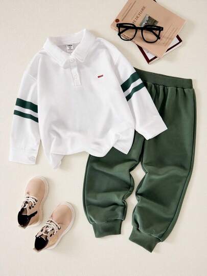SHEIN Explorewe Casuvi Kid 幼儿男童两件套，Polo 领长袖套装，运动休闲，条纹和纯色印花，纯色裤子，适合日常休闲、度假、返校穿着，春秋季