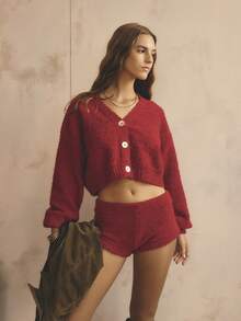 Aralina Red Autumn Casual Lounge 2pcs Knitted Fluffy Cardigan Set,Balloon Sleeves Button Down Top & Micro Shorts Matching Set,Cosy Christmas Sleepwear Pajamas - Red - View 7