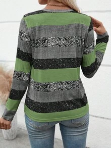 EMERY ROSE Camiseta de manga larga con cuello en V y botones a rayas, estampado aleatorio, camisetas gráficas de otoño para mujer, tops para atuendos de primavera