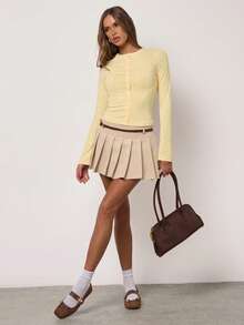 SHEIN BAE Chân váy ngắn chữ A xếp ly thiết kế khóa cài dành cho nữ - Màu Khaki - Xem 5