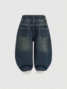 SHEIN 男童宽松直筒深蓝色牛仔裤 - 深色水洗藍 - 查看 3