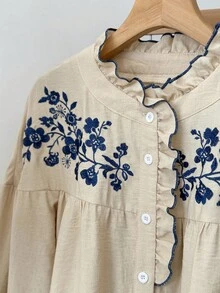 Muvela Camicia a maniche lunghe da donna con rouches e ricamo floreale sulla parte anteriore con bottoni - Beige - Visualizzare 4