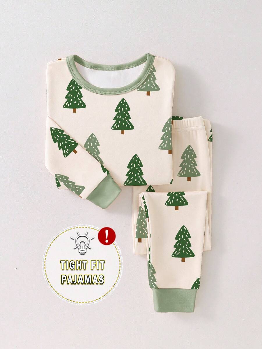 1 Set Young Boys Christmas Tree Print Snug Fit Pajama Set, Long Sleeve Top And Pants, Elastic Fabric, Suitable For Daily Wear Toddler Boy Pj Sets Kids Pj Sets Young Boy Pajama Set 2 Piece Pajamas Kids Christmas Pajama Tight Fit Snug Fit Pajamas - Apricot - View 1