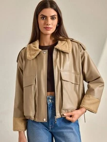CLARA VERO Cappotto imbottito con colletto in borg, tasche con patta, rivestimento in pelle PU, fodera in pelliccia, giacca in PU di alta qualità, molto morbida e confortevole - Albicocca - Visualizzare 1