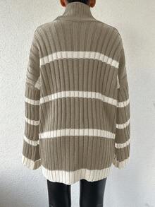 EURMUSE Maglione casual oversize da donna con collo alto a righe, maniche lunghe e spalle scoperte, adatto per l'autunno / inverno - Beige - Visualizzare 7