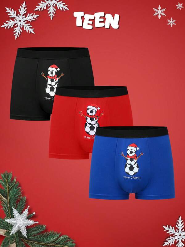 3pcs Christmas Football Snowman Santa Hat Comfortable High Waist Boxer Briefs Cute Funny Underwear For Big Boys
