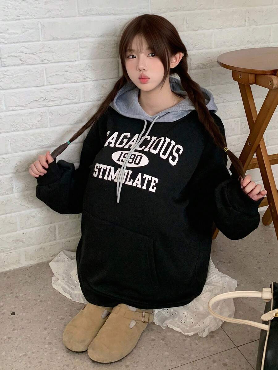 DAZY 女士休闲连帽长袖运动衫，秋冬 - 黑色 - 查看 1