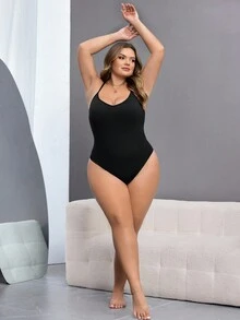 SHEIN CURVE+ 黑色修身无袖连体衣，大码可选，适合秋冬季穿着。 - 黑色 - 查看 7