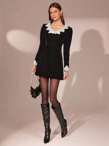 Enchnt Women's Black And White Contrast Lace V-Neck Gigot Sleeve Elegant Velvet Mini Dress,Autumn Fall/Winter Chic&Elegant For Dining&Party Dress - Black - View 3