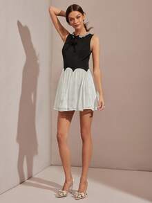 Enchnt Women's Elegant Black And White Splicing Sleeveless Mini Dress,Summer Colorblock Sequin Decor Party Dress,Chic For Date&&Commute - Black - View 7