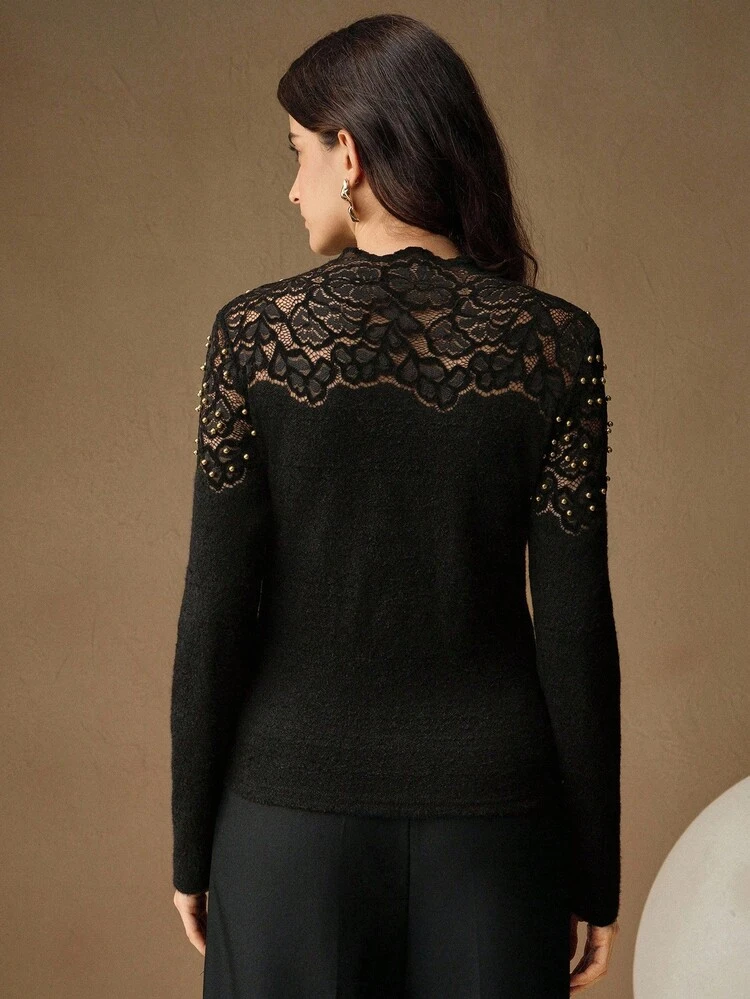 Elegant Fitted Round Neck Lace Long Sleeve Women T-Shirt