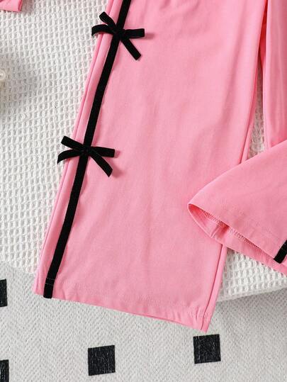 SHEIN Genkimix Kids Young Girls Cute Pink Bow Print Short Sleeve T-Shirt With Bow Decor And Black Pants, Fashion Summer Outfit