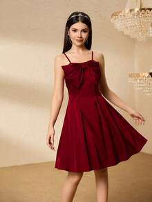 Teen Girl Bow Decor Pleated Design Elegant Camisole Dress - Burgundy - View 3