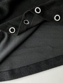 Elamini Áo thun dài tay bất đối xứng màu trơn thời trang dành cho nữ, mùa thu - màu đen - Xem 5