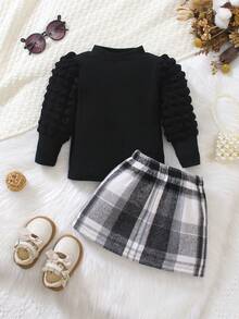 2pcs Baby Girl Knitted Long Sleeve T-Shirt And Bubble Corn Skirt Set,Blue Checkered,Autumn,Cute,Matching Family,Christmas Halloween Back To School - Black - View 3