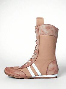 Solezae New Fashionable Women's Tan Lace Up Boxing Style Knockout Retro Vibes Sneaker Boot Mid-Calf Faux Leather Comfort Street Wear Edge Holiday Shoe - Maroon - View 6