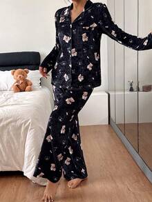 SHEIN Bộ đồ ngủ tay dài in họa tiết gấu lưới nhung lãng mạn dành cho nữ, quần áo thu đông - màu đen - Xem 5