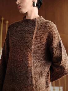 Uhlyne Gradient Knitwear Office Business Casual Asymmetric Brown Versatile Zip-Up Knit Cardigan Top,Halloween,Autumn/Winter, Minimalist, Work Wear, Teacher Outfits, Back To School, Fall , Business Casual,Old Money - Coffee Brown - View 2