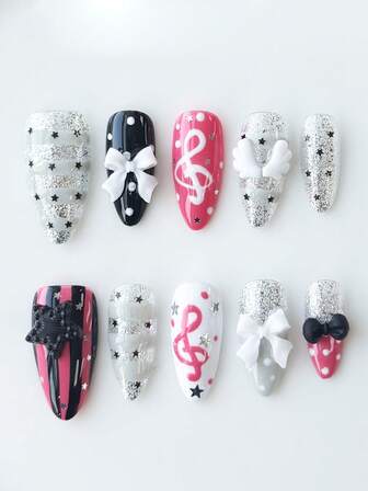 Anime 10 pezzi Unghie finte di alta qualità con fiocco carino, nota musicale, elemento a stella, realizzate a mano + 3 pezzi di adesivo biadesivo, Adesivi per arte di unghie rimovibili con catena di strass stile francese Y2K a pois, adatti per vacanze, feste, ballo e uso quotidiano