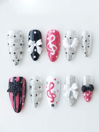 Anime 10 Stück süße Schleifen-Musik-Noten-Stern-Elemente hochwertige handgefertigte Kunstnägel + 3 Stück doppelseitiger Kleber, Y2K französischer Stil Strass-Kette Polka-Punkt abnehmbare Nail-Art-Aufkleber, geeignet für Feiertage, Partys, Tanzen und den täglichen Gebrauch